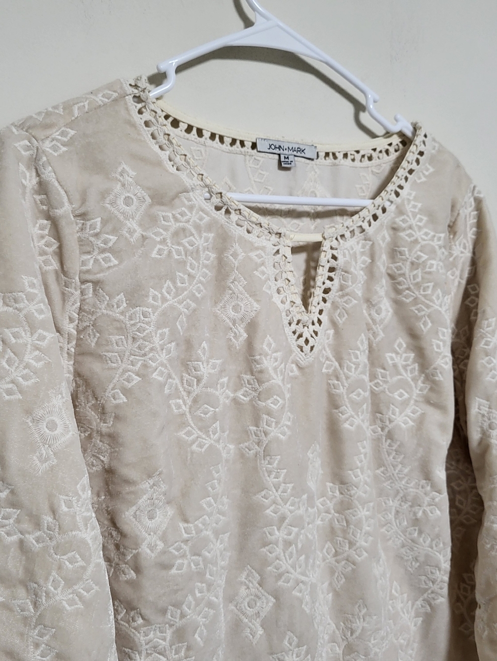 JOHN MARK Ivory Embroidered Velvet Eyelet Cotton Tunic Top - Picture 2 of 7
